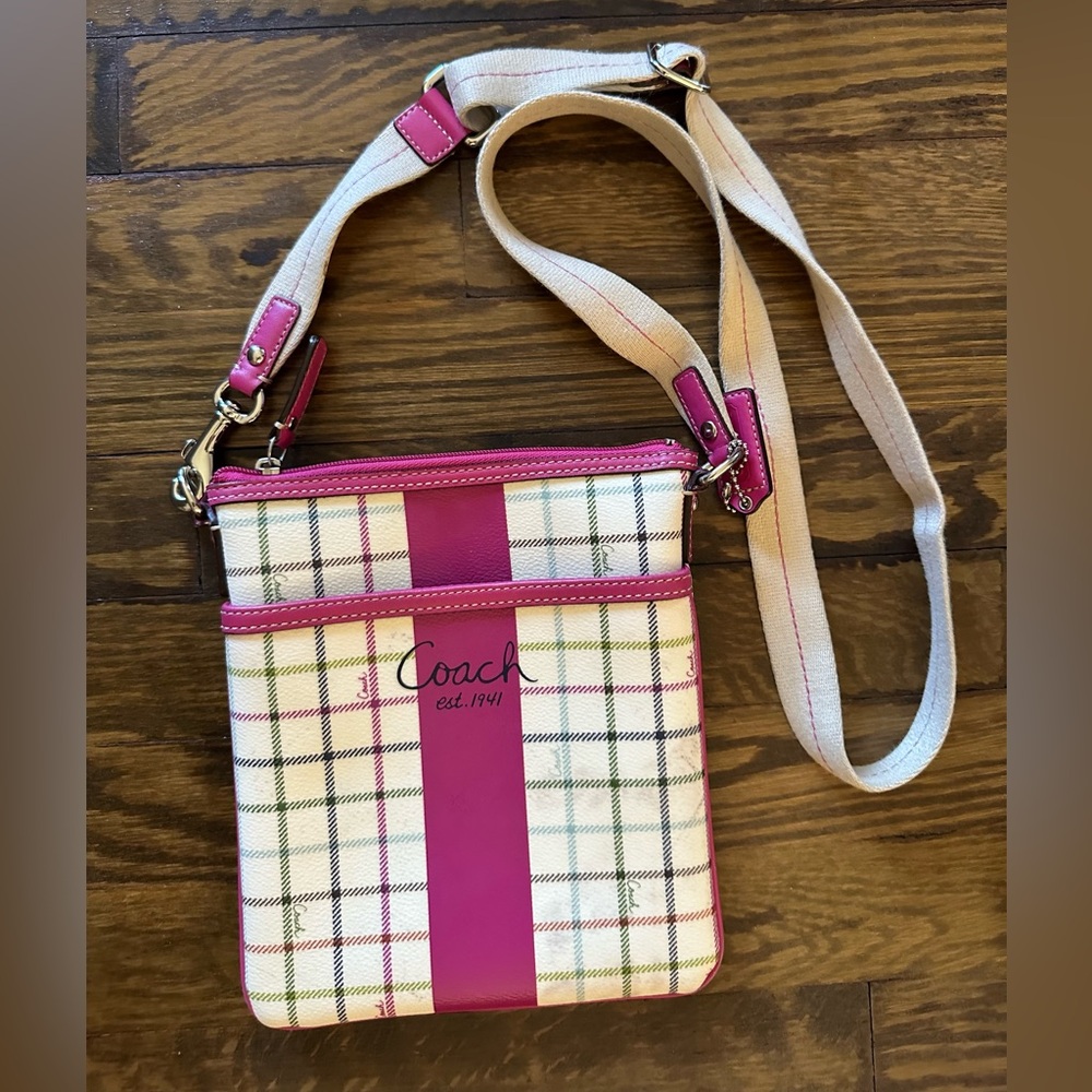Coach Pink and Cream Checkered Crossbody Bag